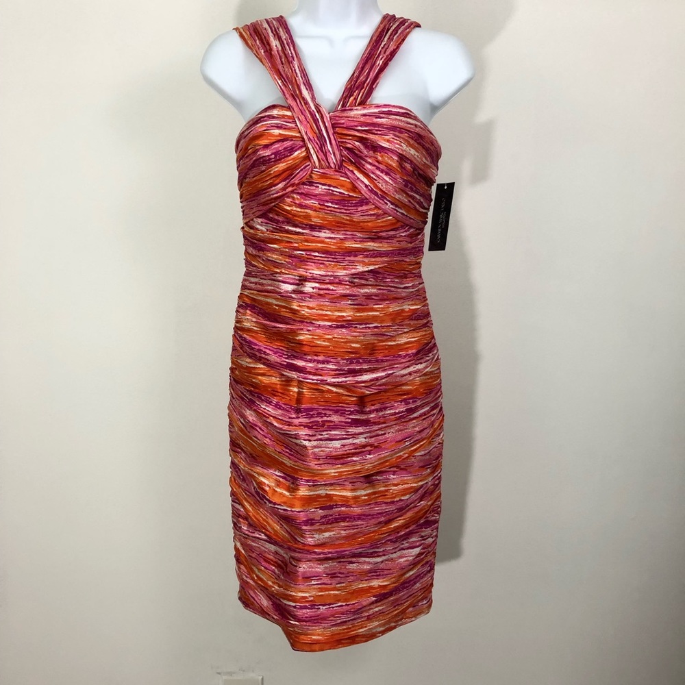 NWT‎ Carmen Marc Valvo Silk Halter Ruched Coral Dress